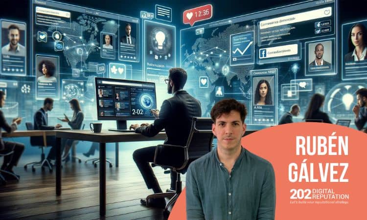 Persona frente a múltiples pantallas analizando datos en una oficina digital; texto: "RUBÉN GÁLVEZ, 2023 REPUTACIÓN DIGITAL". Llave: inteligencia digital.