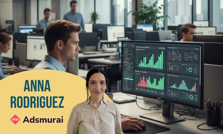 un hombre joven en una oficina, viendo una pantalla llena de gráficos y datos. En primer plano, anna rodriguez, de adsmurai