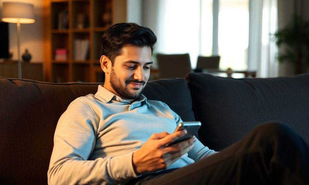 Un hombre de unos 30 años está sentado en su sofá utilizando su teléfono móvil. El hombre sonríe y está relajado, el salón es luminoso y acogedor