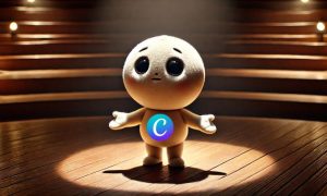 Un pequeño muñeco de cuerpo circular, está de pie en el centro de un escenario iluminado. Su cabeza, también redonda, es grande, y en su rostro muestra una expresión triste de arrepentimiento. Los brazos están extendidos hacia adelante en un gesto de disculpa, con las manos ligeramente levantadas. En la barriga del muñeco se ve el icono de Canva. Está en un escenario de madera, bajo una luz brillante que lo enfoca, mientras el fondo del escenario es oscuro, como si hubiera una audiencia invisible.