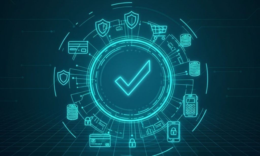 Un concepto muy relevante en e-commerce. Vamos a crear una imagen que, con nuestro estilo conceptual tecnológico digital y la paleta de colores (#80eaea, #0d536a, #fdf6e5), simbolice la importancia del checkout en e-commerce. Para ello, podemos enfocar la imagen en el momento culminante de la compra, donde la acción de pago es clave: Elemento central: Podría ser el checkout mismo, representado por una pasarela de pago estilizada, o un foco de luz donde convergen los elementos de pago. Símbolos de pago: Una tarjeta de crédito/débito digitalizada. Un terminal TPV o un icono de pago móvil. Monedas y billetes (también estilizados con el neón). Un carrito de la compra (quizás parcialmente lleno o dirigiéndose hacia el punto de pago). Conectividad y seguridad: Líneas que muestren el flujo seguro de la transacción, candados digitales o escudos de seguridad. Resultado final (implícito): Una pequeña flecha de crecimiento o un icono de "éxito" que salga de la transacción, simbolizando la finalización exitosa de la venta. Fondo: El azul oscuro profundo con la cuadrícula sutil, como hemos usado antes