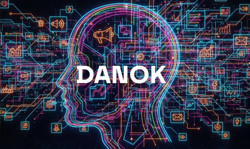 una imagen perfilada en tonos neón, y que simbolice una red de agencias de marketing. Logo de danok