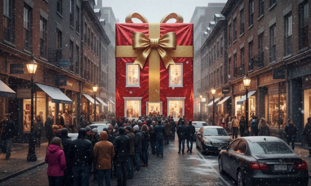 Imagen de una tienda con forma de regalo gigante y brillante ubicada en una calle repleta de comercios. Frente a la puerta de la tienda de regalos, y extendiéndose a lo largo de la calle, hay una cola de gente que espera para poder entrar. Está nevando. Estilo realista.