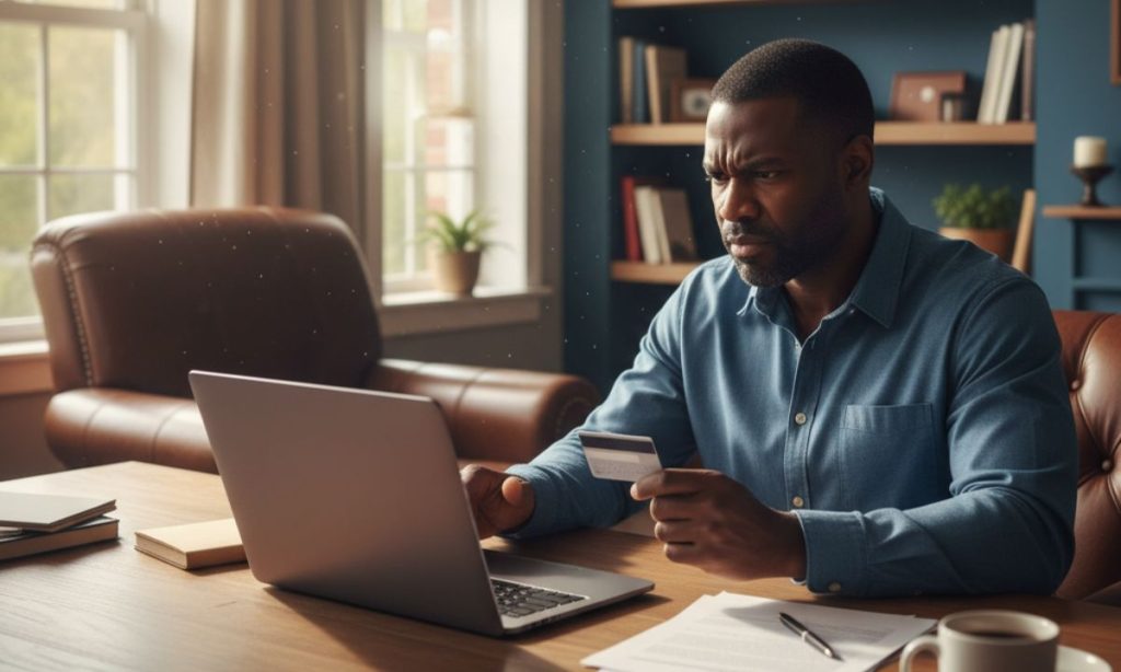 Imagen de un hombre negro de unos 40 años sentado en su despacho. El hombre tiene una tarjeta de crédito en la mano y se dispone a usar su ordenador para realizar una compra online. El hombre tiene cara de enfado. El despacho es acogedor y luminoso.