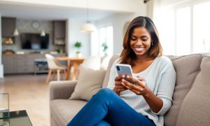 una mujer de unos 30 años, negra y de pelo castaño, está sentada en el sofá de su amplio y luminoso salón. La mujer está mirando su teléfono móvil y sonriendo