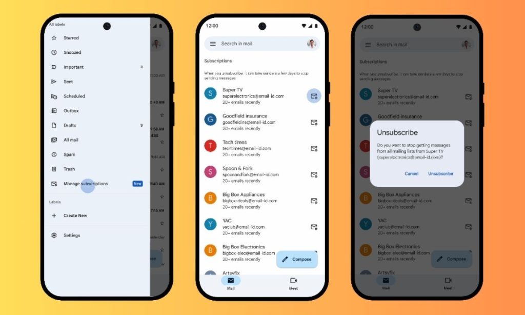 Sobre un fondo degradado naranja se muestran tres capturas de la pantalla de un teléfono móvil. En ellas se aprecia el proceso de uso de la nueva función "Administrar suscripciones" de Gmail
