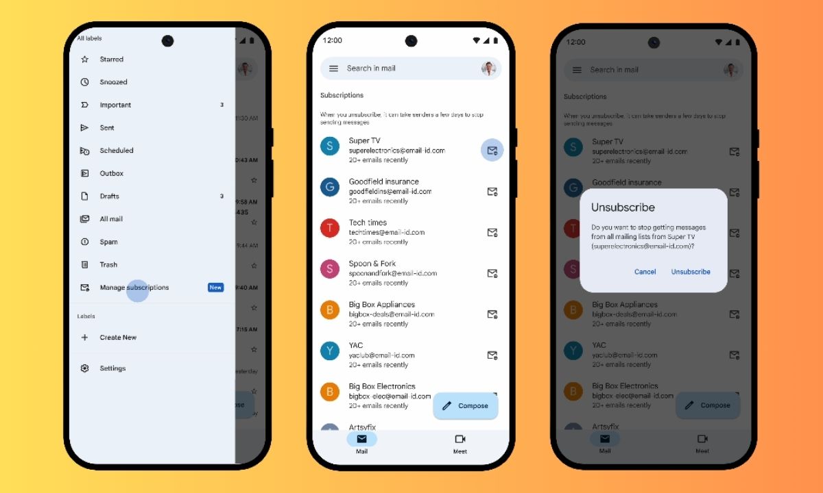 Sobre un fondo degradado naranja se muestran tres capturas de la pantalla de un teléfono móvil. En ellas se aprecia el proceso de uso de la nueva función "Administrar suscripciones" de Gmail