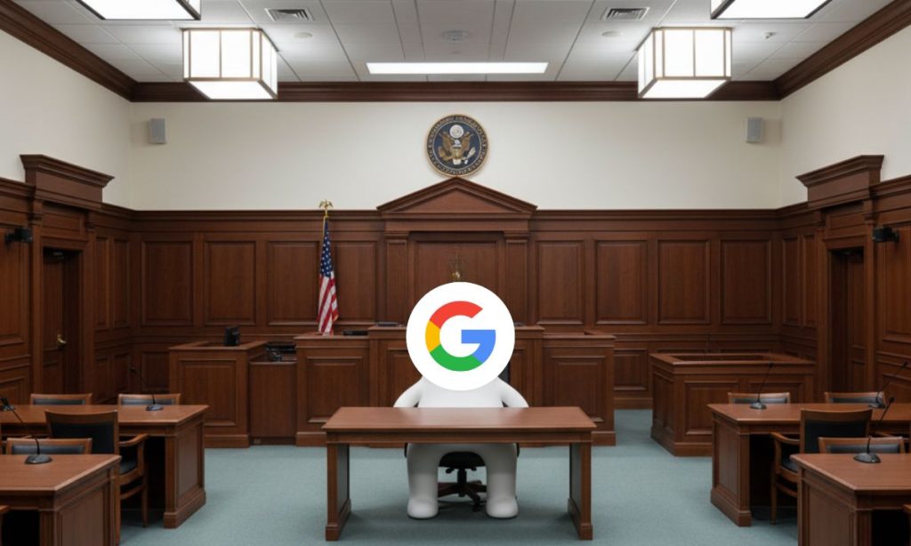 Imagen de un muñeco blanco cuya cabeza es la G de Google, que está sentado en el interior de un juzgado de EE.UU.
