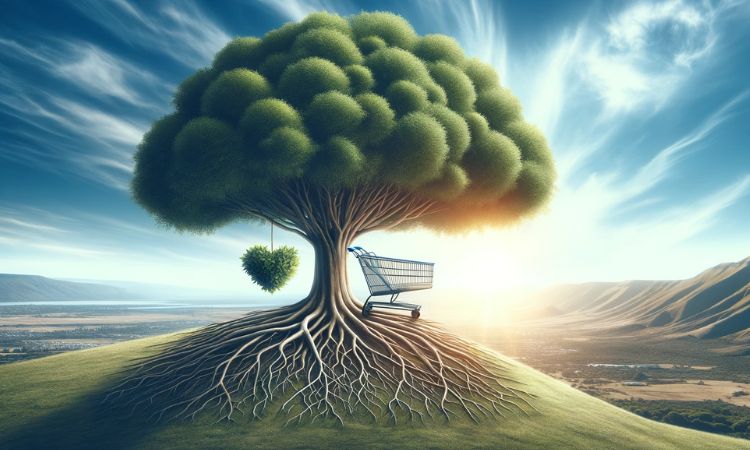 Imagen de un árbol del que cuelga un carrito de la compra simbolizando la lucha contra el greenwashing