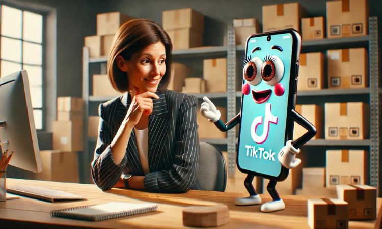 Una mujer de unos 40 años, blanca y de pelo corto castaño está sentada en el despacho de su eCommerce mirando su teléfono. El teléfono tiene brazos y estos están colocados en jarras, también tiene unos ojos saltones y sonrisa, y en su pantalla aparece el logo de TikTok. El teléfono está explicando la guía de TikTok Shop a la vendedora. En el despacho de la mujer hay estanterías repletas de cajas