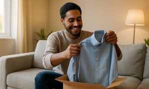 Un hombre de unos 30 años está sacando una camisa de un paquete de envío online. El hombre está contento, sentado en el sofá de su salón. La escena es luminosa y acogedora.