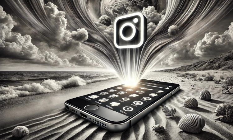 La imagen muestra un paisaje de playa con un cielo despejado y un océano azul brillante en el fondo. En el centro de la imagen hay un enorme logo de Instagram, con sus colores característicos (degradado de púrpura, rosa y naranja), flotando sobre el paisaje.