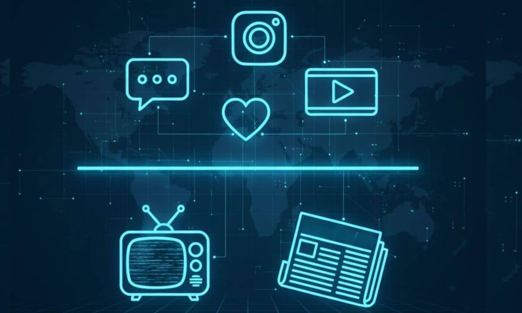 una imagen que mantenga nuestra estética conceptual tecnológica digital y la paleta de colores, pero con una línea central recta que simbolice la estabilidad o el punto de inflexión entre dos eras. Tendremos: Línea central recta: Dominante, de color neón, representando la estabilidad. Parte superior (futuro/digital): Iconos de chat (burbuja de mensaje). Icono de "like" social (corazón o pulgar hacia arriba). Icono estilizado de Instagram (sin el logo exacto, pero reconocible por su forma). Un banner publicitario digital. Todos estos elementos estarán flotando "por encima" de la línea central y estilizados con neón. Parte inferior (pasado/tradicional): Una vieja televisión con antena, también estilizada con neón, quizás con ruido estático. Un periódico o una revista abierta, con el mismo tratamiento neón. Estos elementos estarán "por debajo" de la línea central. Fondo: El azul oscuro profundo con la cuadrícula sutil y las líneas de conectividad. Paleta de colores: 80eaea para los elemento