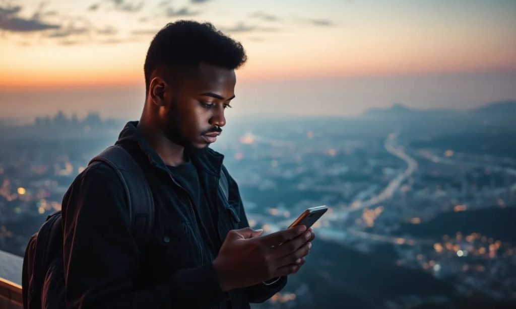 un hombre joven negro utilizando un telefono móvil. De fondo un paisaje alegórico de lo internacional, como una vista del mundo desde el aire de noche