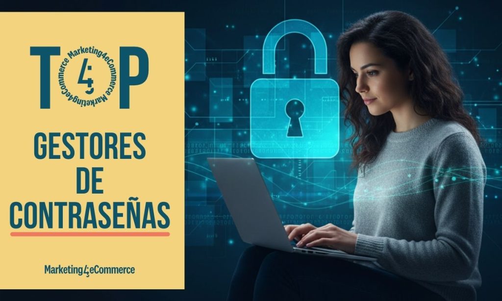 en primer plano aparezca una mujer joven usando su portatil. El fondo refleja seguridad, con elementos semitransparentes como un candado, en tonos turquesa