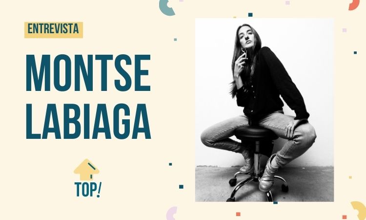 Entrevista destacada con Montse Labiaga sentada en una silla en pose relajada; fondo blanco y diseño dinámico con confeti. ¡Top en creatividad!
