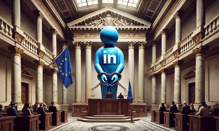 Dentro de una gran sala de juzgado de estilo clásico, en la que ondea una bandera de la Unión Europea, un muñeco gigante azul que luce en el pecho el logo de LinkedIn está encadenado y siendo juzgado por una jueza que le observa desde su atril