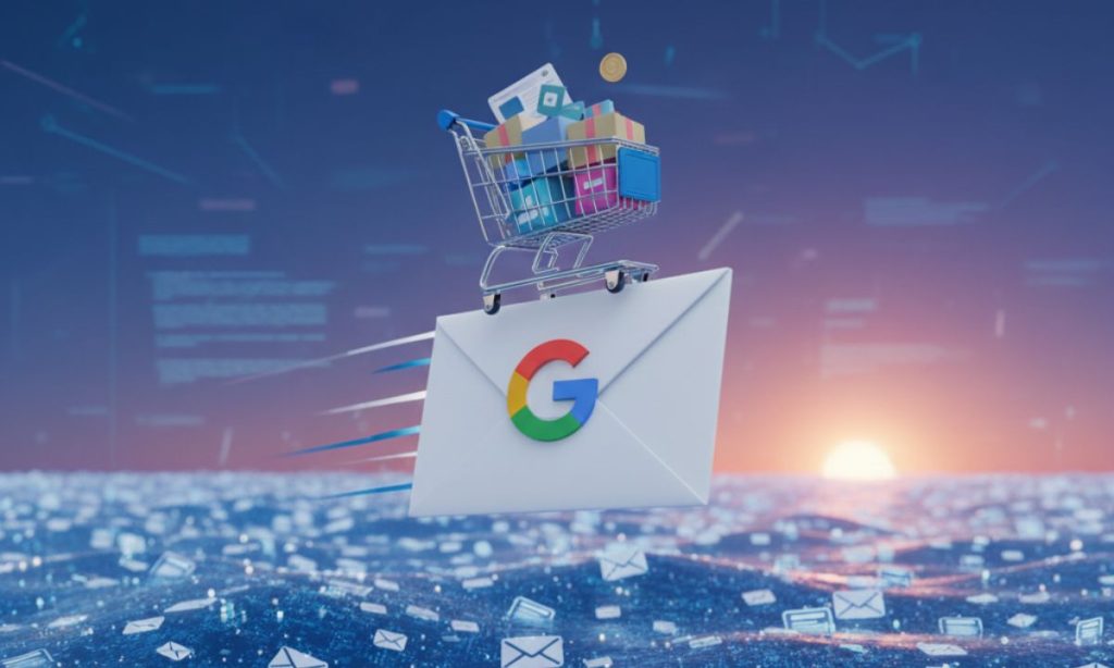 Imagen de un sobre de email volando que transporta sobre él a un carrito de la compra. El sobre de email tiene la G de Google como sello y sobrevuela un mar de correos electrónicos.