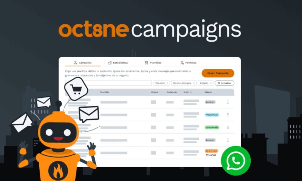 Sobre un fondo animado de una ciudad de noche, se ve un panel de la herramienta Oct8ne y un robot rodeado de sobres de correo. En la esquina inferior derecha del panel aparece un icono de WhatsApp