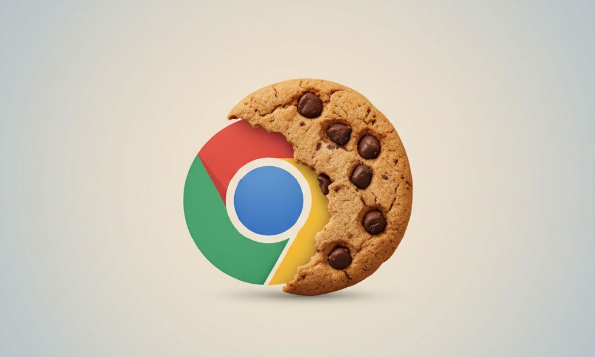 Una galleta de apariencia realista (cookie clásica con chips de chocolate) mordiendo o comiéndose parcialmente un círculo que representa al navegador Chrome, sin usar el logo exacto pero sí sus colores característicos (rojo, verde, amarillo y un círculo azul al centro), con diseño simplificado para evitar reproducción exacta del logo. Estilo visual: Ilustración editorial, limpia, minimalista. Tonos suaves, sin texto, sin marcas registradas ni logotipos exactos. Fondo claro o ligeramente degradado, sin elementos adicionales. Iluminación suave para dar aspecto profesional, tipo portada de artículo tecnológico. Mensaje visual que debe transmitir: “El navegador Chrome retrocede en su plan de eliminar las cookies; las cookies siguen teniendo poder”. Formato: Horizontal (16:9). Alta resolución. Sin textos, sin logos reales, sin marcas registradas.