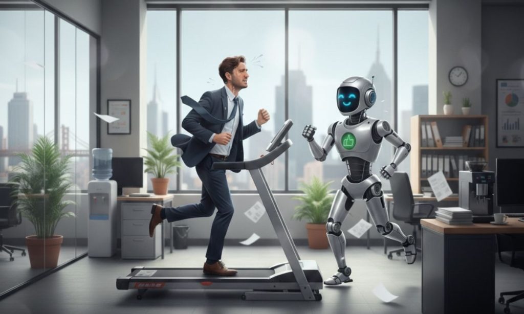 una oficina. En ella, corriendo en una cinta de correr hay un hombre, vestido de oficina y un robot. El hombre parece sofocado mientras que el robot está feliz