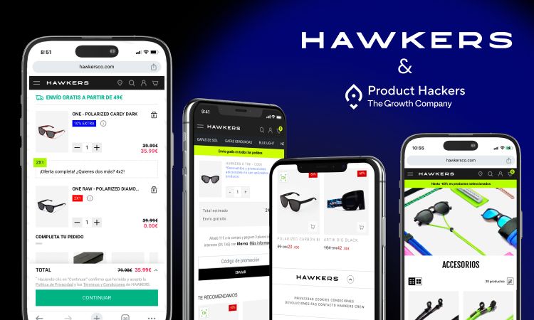 una composición de cinco pantallas de dispositivos móviles que ilustran distintas páginas del sitio web de Hawkers, enfocadas en el proceso de compra de gafas de sol. Se destacan elementos clave como productos con descuento, promociones activas como "2x1" o "Envío gratis a partir de 49€", y recomendaciones personalizadas. A la derecha de la imagen aparece el logotipo de Hawkers junto al de Product Hackers – The Growth Company, sugiriendo una colaboración entre ambas marcas, probablemente en un proyecto relacionado con optimización del funnel de conversión o diseño orientado a resultados. El fondo azul oscuro y el enfoque en pantallas móviles refuerzan el carácter tecnológico y orientado a eCommerce de la alianza.