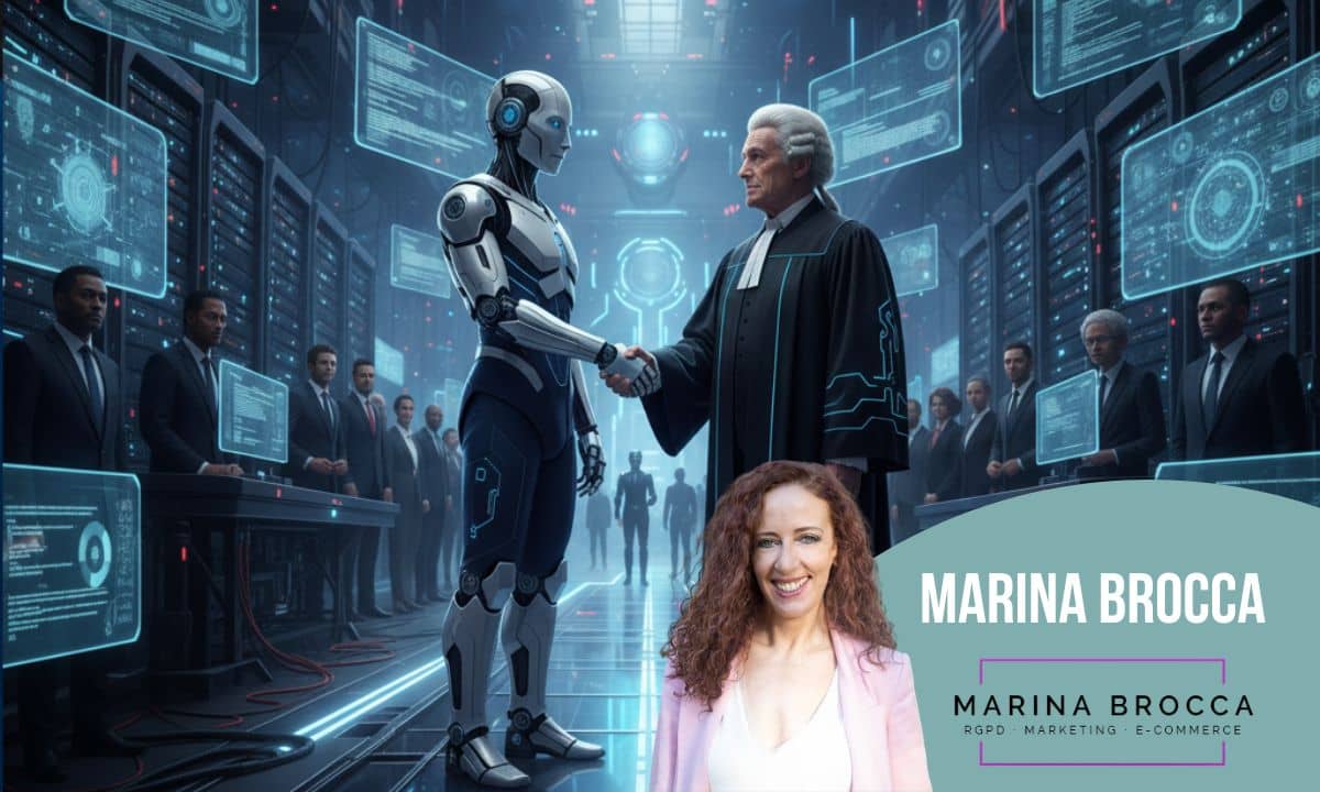 un juez le da la mano a un robot en un entorno cibernético