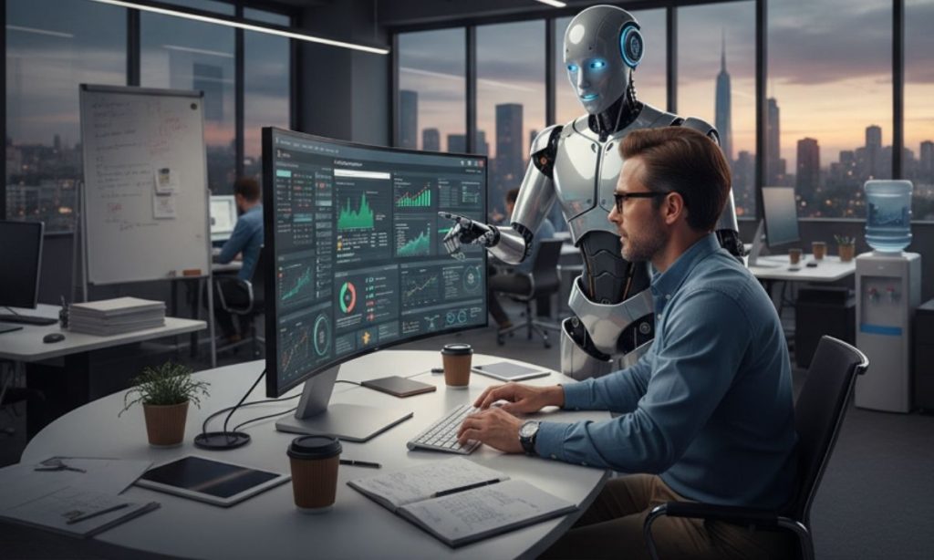 una imagen en formato 16:9 en la que se vea a un profesional del SEO trabajando ante un ordenador. Al lado, un robot le explica algo