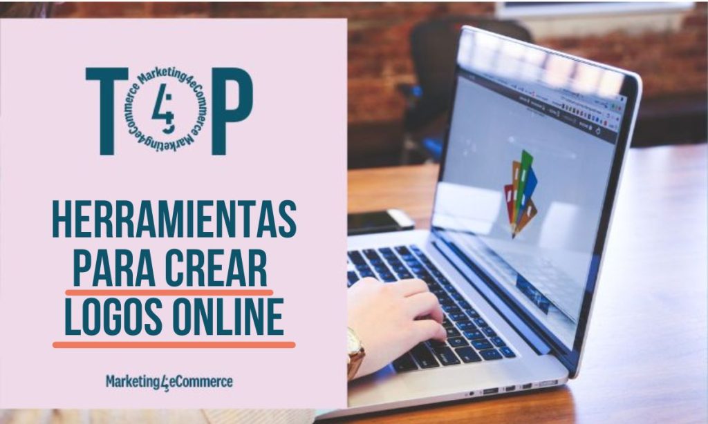 Carátula en la que, de fondo y más visible en el lado derecho, aparece una fotografía de una persona usando su portátil para hacer un logo online. A la izquierda se ve una portada rosa pastel en la que se lee "Top herramientas para crear logos online" y, bajo esto, el logo de Marketing4eCommerce