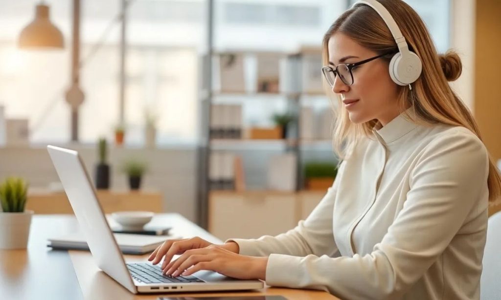 mujer vestida de chaqueta trabajando en un entorno de oficina con un portatil