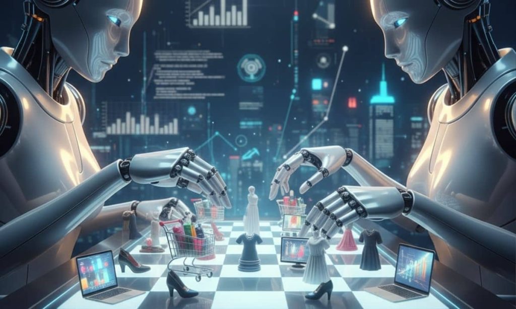 una imagen en la que dos robots juegan al ajedrez. Sobre el tablero, en vez de las piezas habituales del ajedrez, hay piezas con forma de carritos de la compra, prendas de ropa , ordenadores, televisiones, teléfonos...