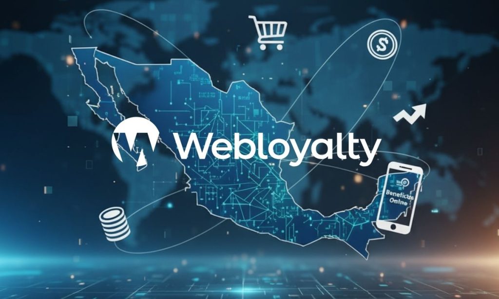 un mapa de mexico de aspecto digital, perfilado, sobre el que aparece el logo de webloyalty