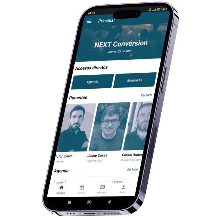 Smartphone mostrando una aplicación de evento llamada "NEXT Conversion". Incluye accesos directos para agenda y mensajes, y fotos de tres ponentes.